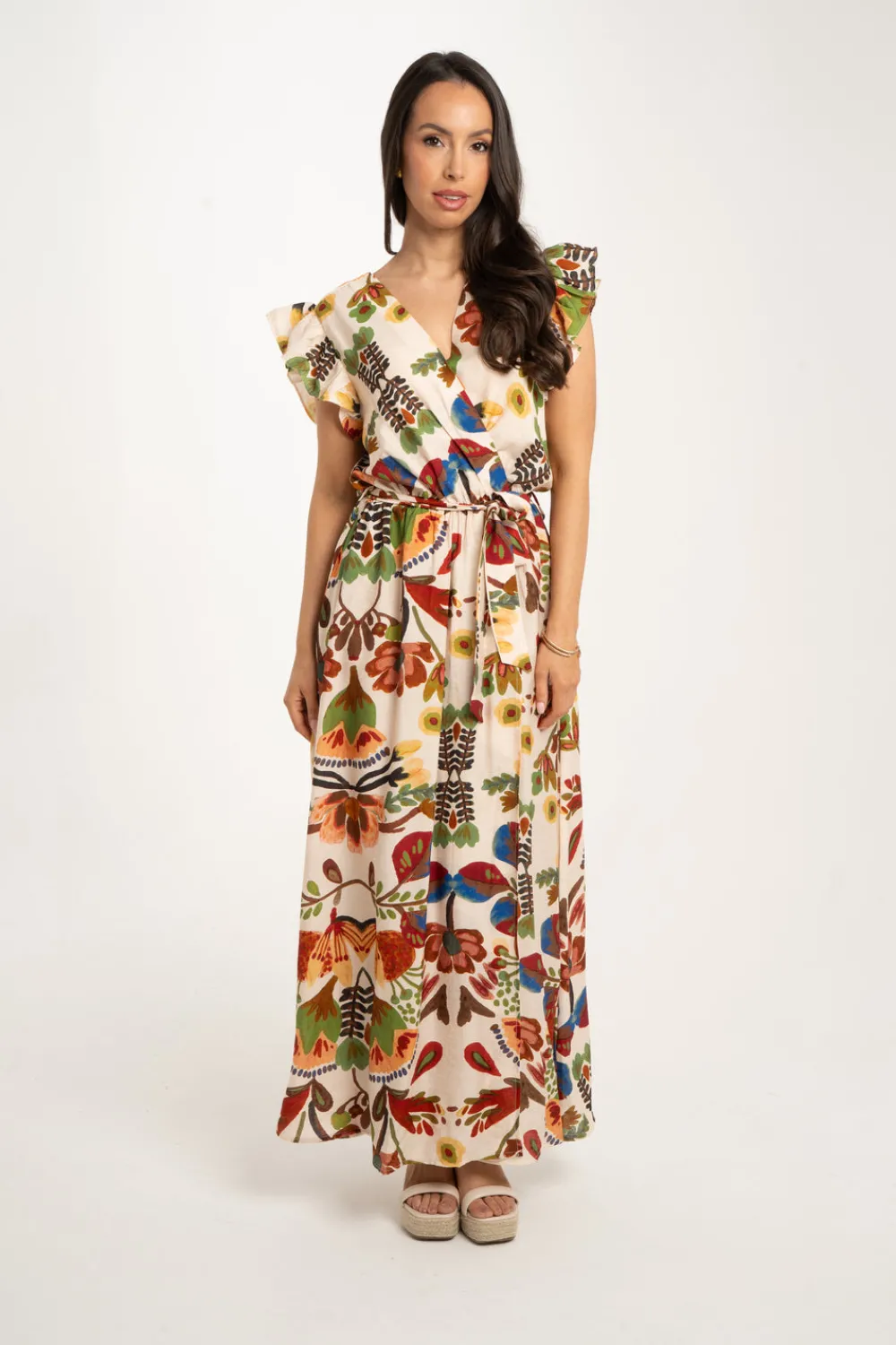 The Walk in Wardrobe Midi Dresses>Kendra Floral Print Dress In Chocolate Mix