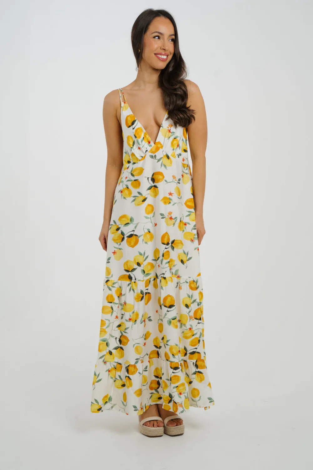 The Walk in Wardrobe Maxi Dresses>Kendra Lemon Print Peplum Dress In White