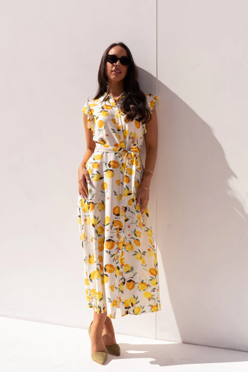 The Walk in Wardrobe Midi Dresses>Kendra Lemon Print Shirt Dress In White