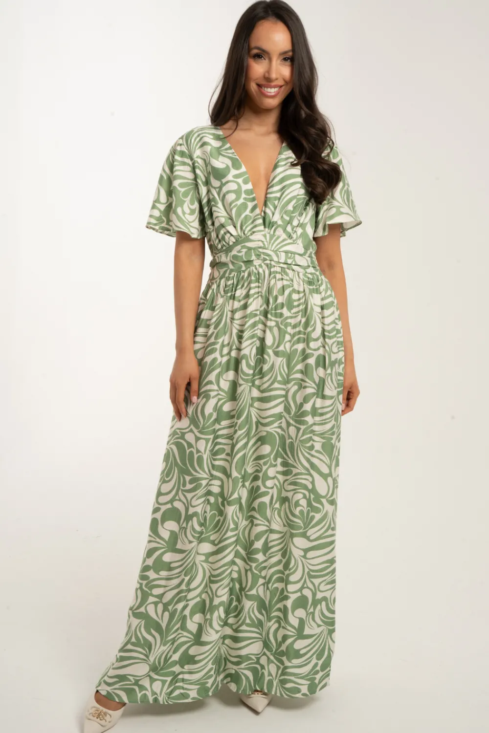 The Walk in Wardrobe Midi Dresses>Kendra Printed Dress In Sage Mix