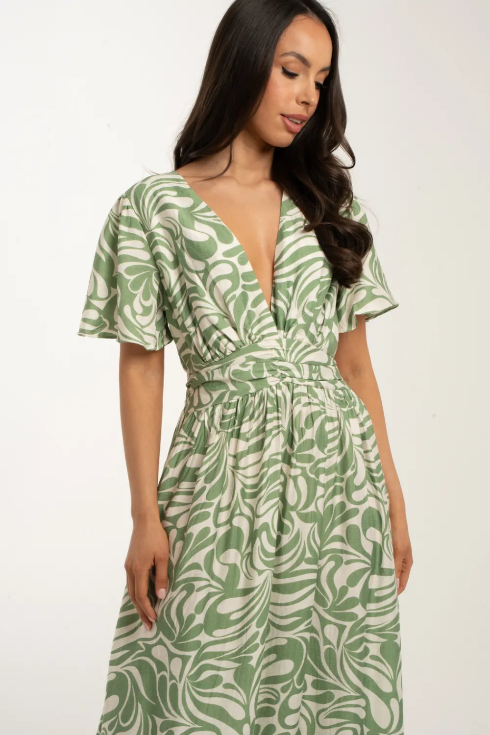 The Walk in Wardrobe Midi Dresses>Kendra Printed Dress In Sage Mix