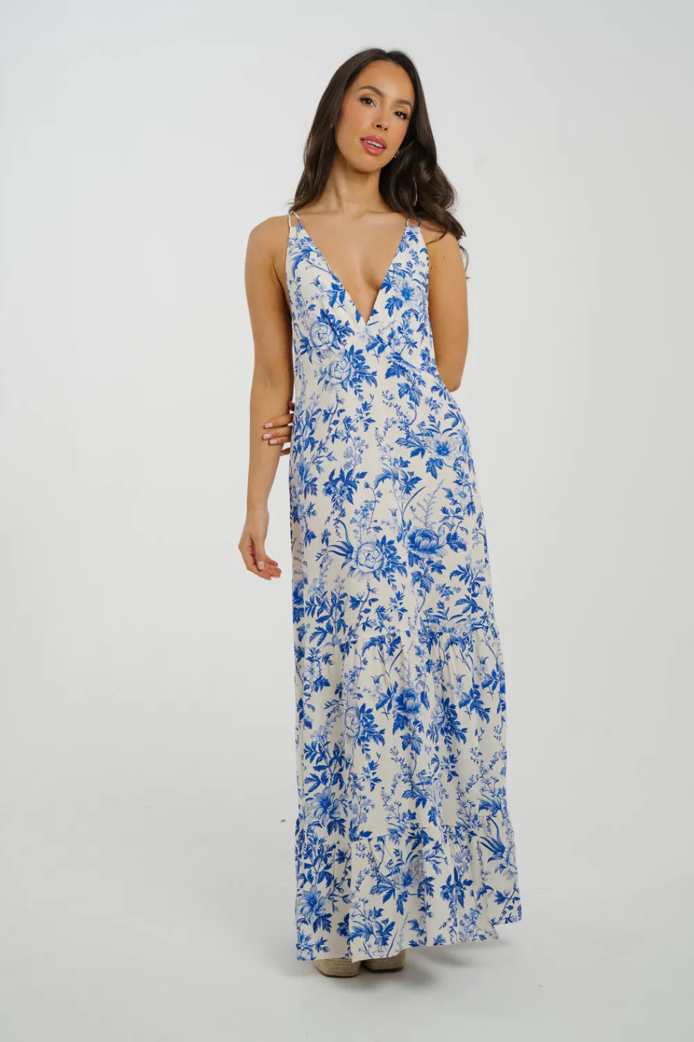 The Walk in Wardrobe Maxi Dresses>Kendra Printed Peplum Dress In Blue Floral
