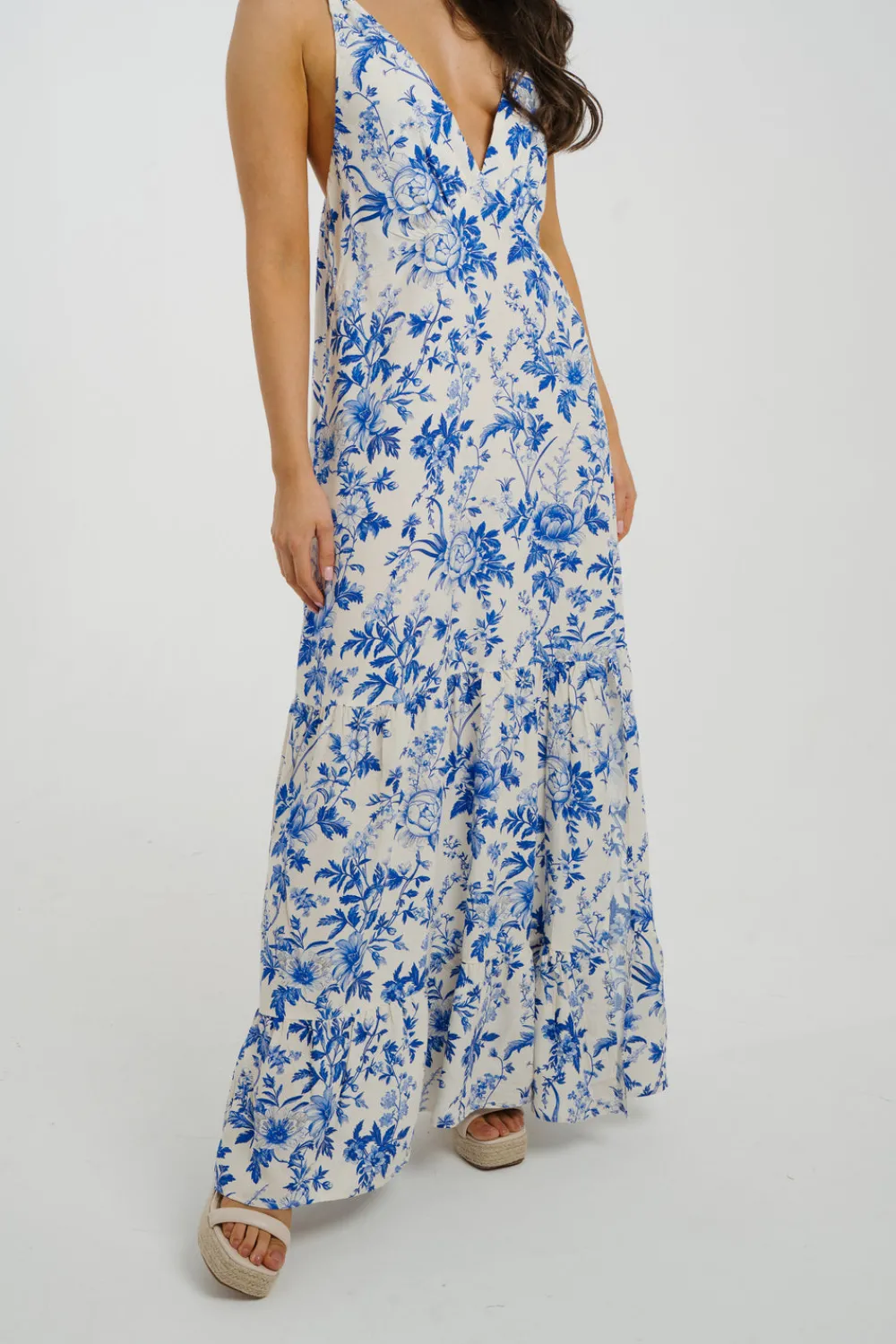 The Walk in Wardrobe Maxi Dresses>Kendra Printed Peplum Dress In Blue Floral