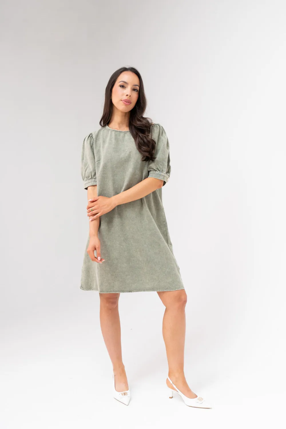 The Walk in Wardrobe Mini Dresses>Kendra Puff Sleeve Denim Dress In Khaki