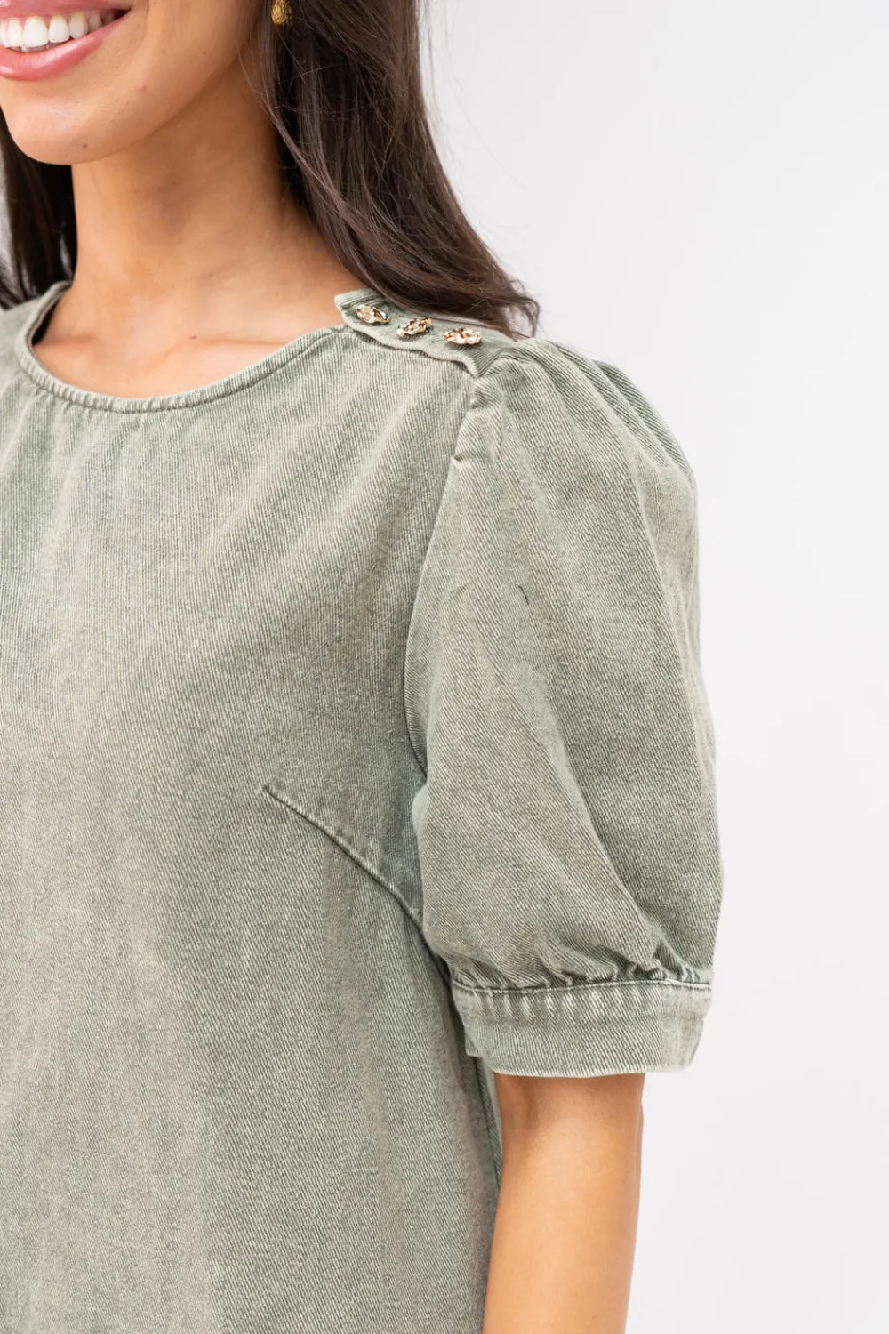 The Walk in Wardrobe Mini Dresses>Kendra Puff Sleeve Denim Dress In Khaki