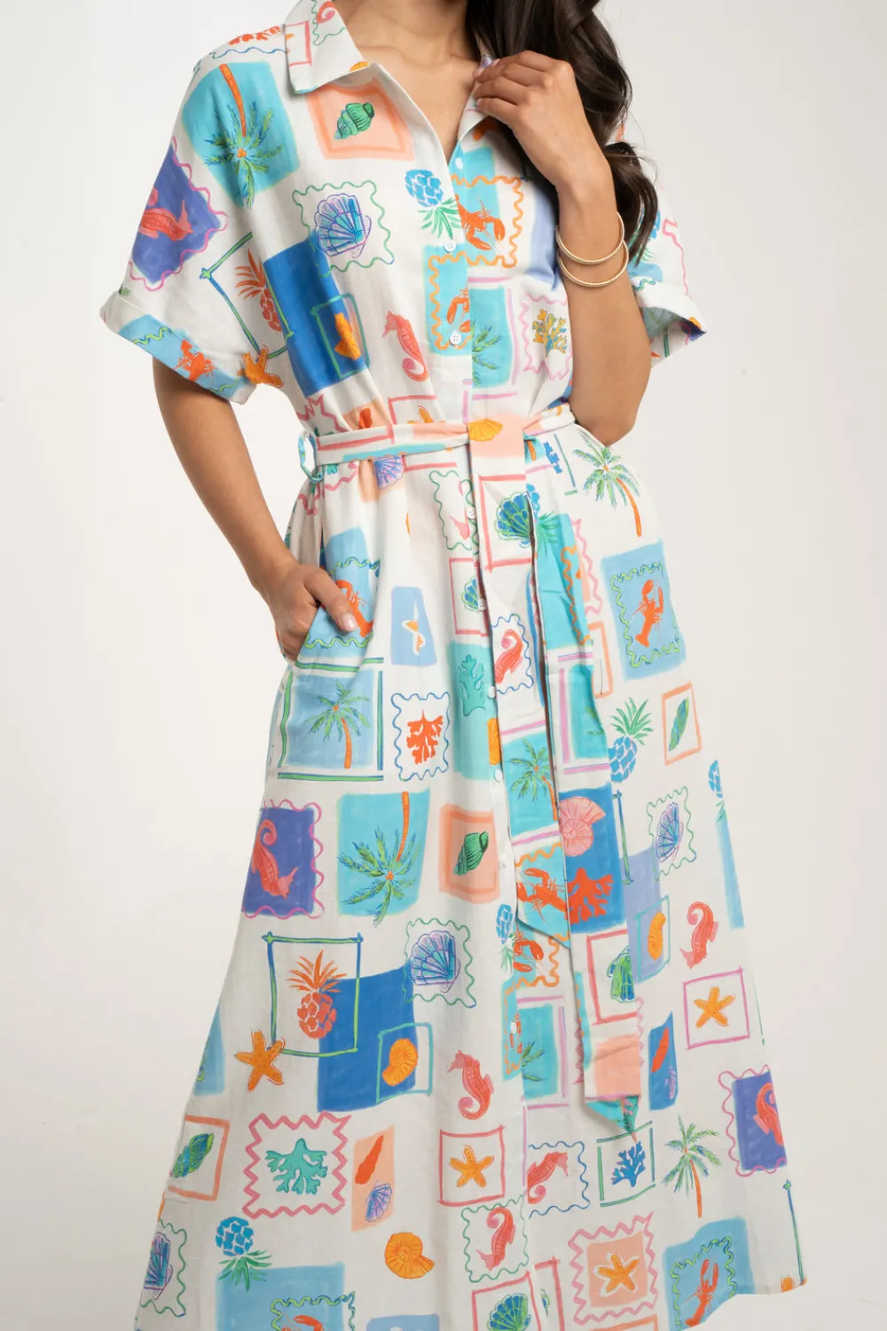 The Walk in Wardrobe Midi Dresses>Kendra Sea Theme Print Dress In Blue Mix