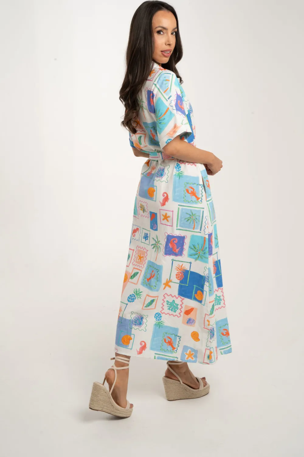 The Walk in Wardrobe Midi Dresses>Kendra Sea Theme Print Dress In Blue Mix