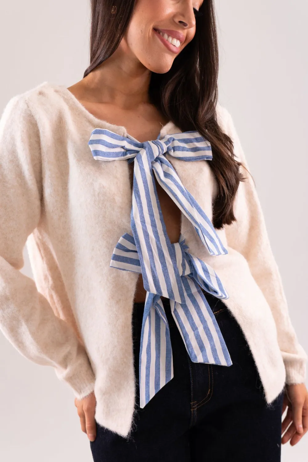 The Walk in Wardrobe Knitwear|Jumpers & Cardigans>Kendra Striped Bow Front Cardigan In Cream