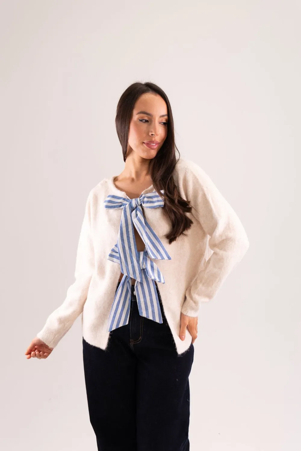 The Walk in Wardrobe Knitwear|Jumpers & Cardigans>Kendra Striped Bow Front Cardigan In Cream