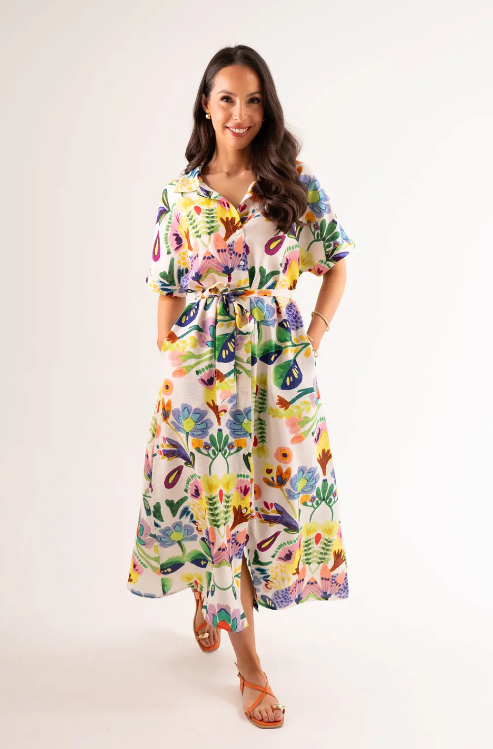 The Walk in Wardrobe Midi Dresses>Kendra Tie Waist Print Dress In Green Mix