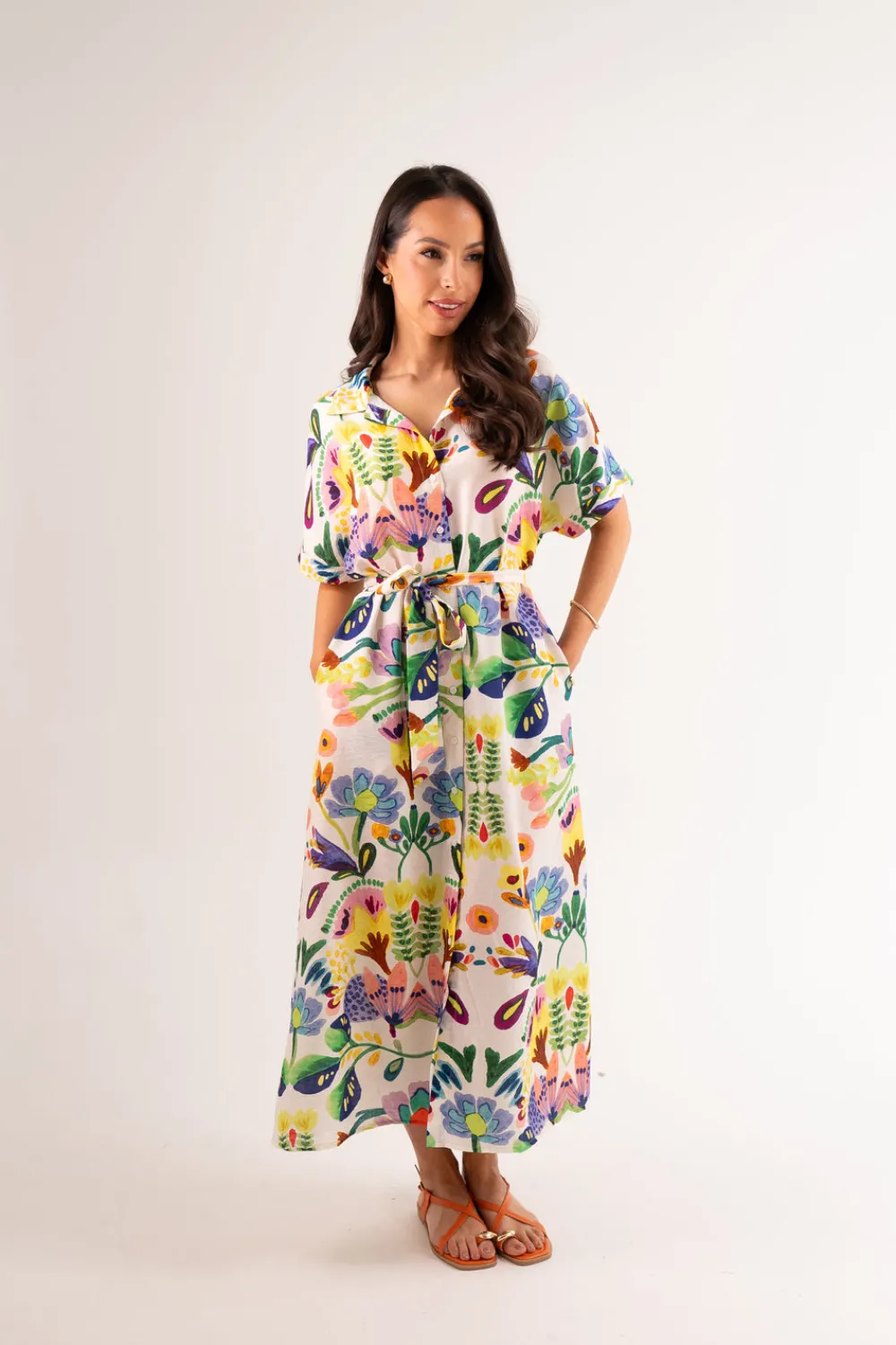 The Walk in Wardrobe Midi Dresses>Kendra Tie Waist Print Dress In Green Mix