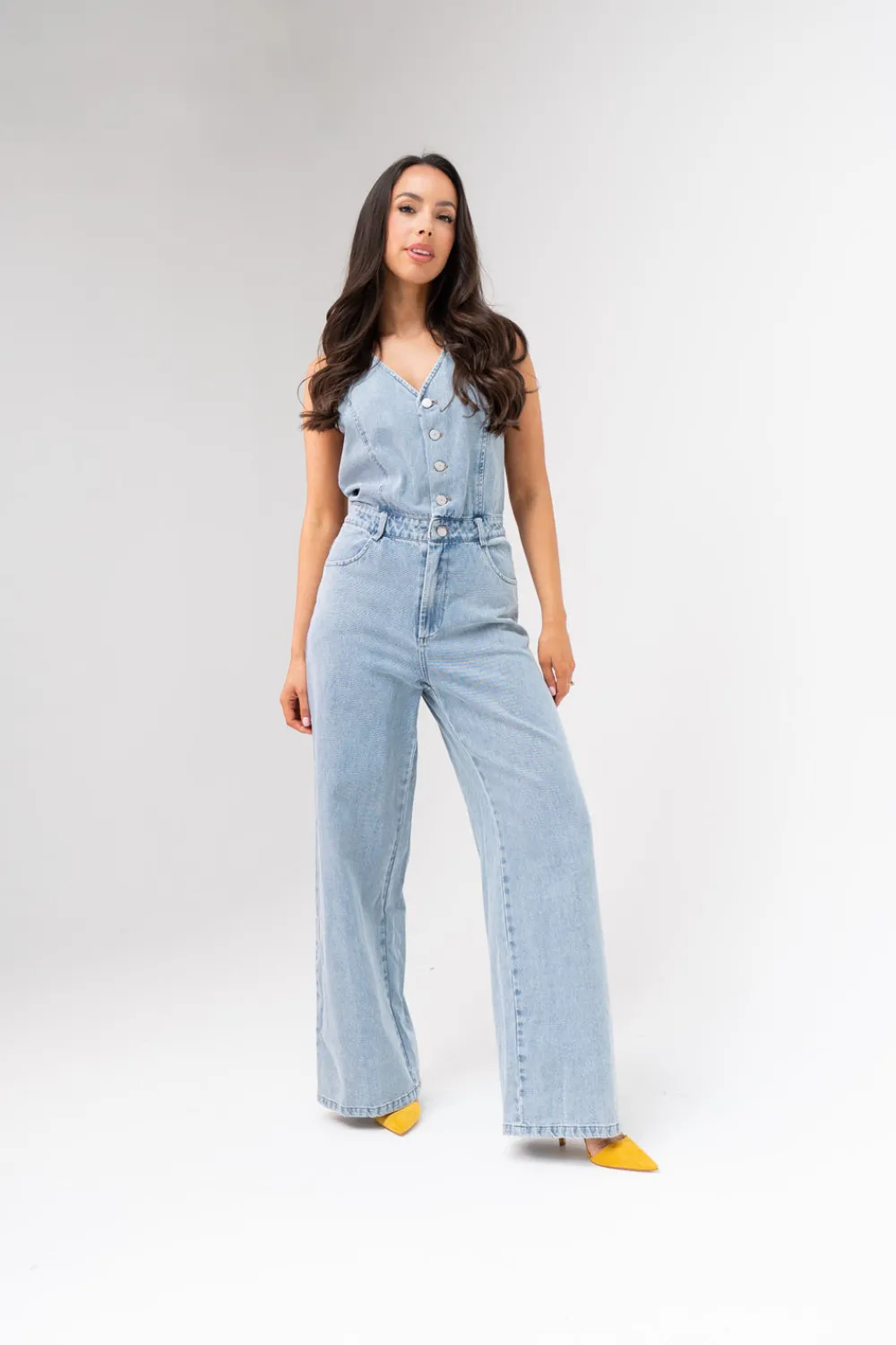 The Walk in Wardrobe Jumpsuits & Playsuits>Kendra V-Neck Denim Jumpsuit In Light Wash