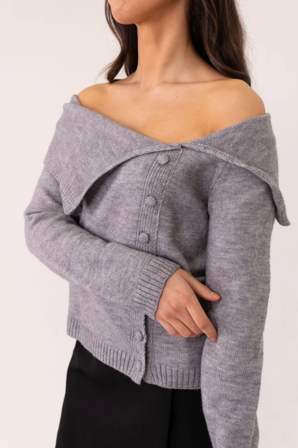 The Walk in Wardrobe Knitwear|Jumpers & Cardigans>Kiera Asymmetric Bardot Jumper In Grey