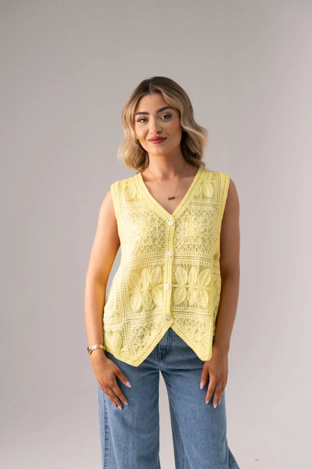 The Walk in Wardrobe Tops>Kiera Crochet Detail Waistcoat In Yellow