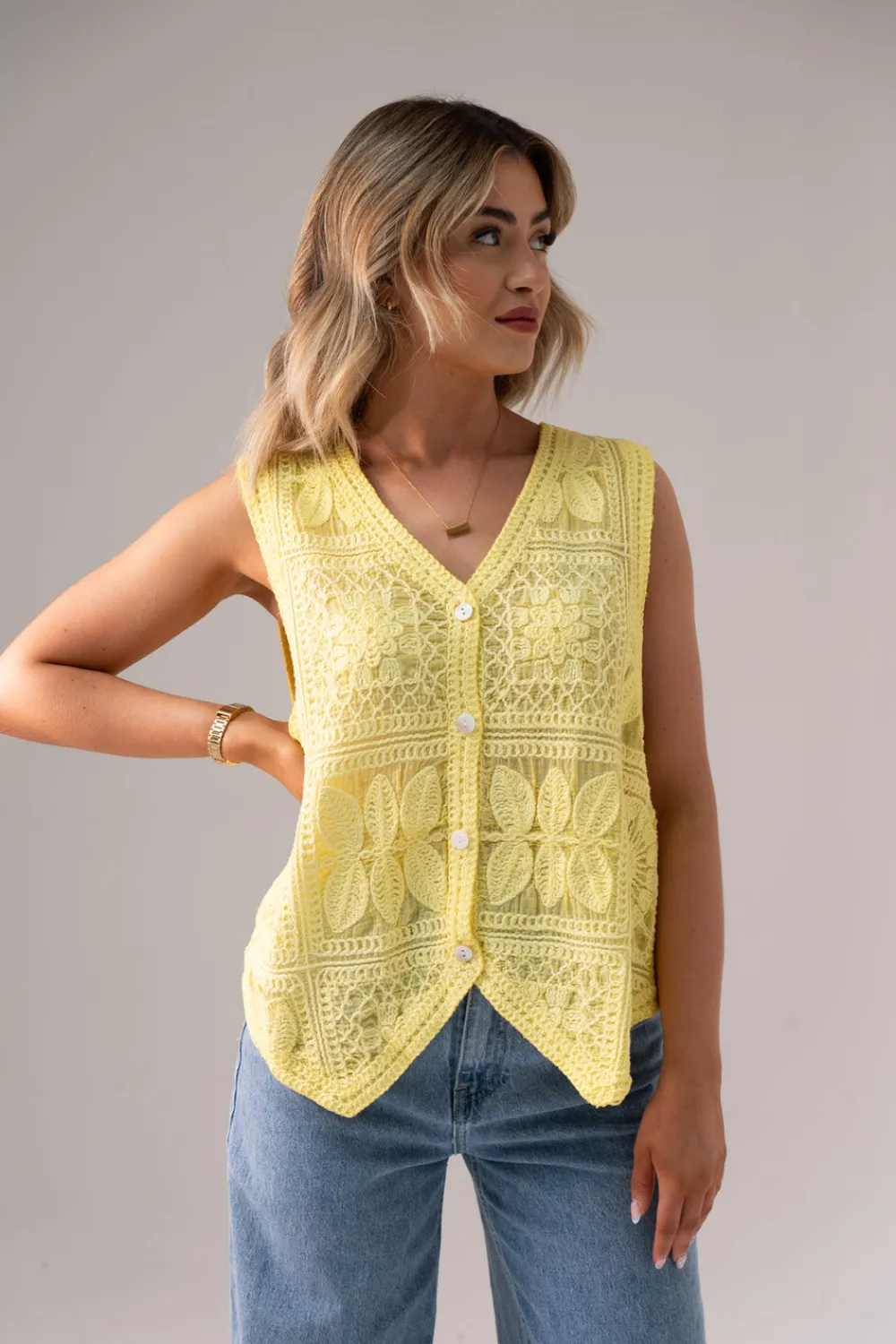 The Walk in Wardrobe Tops>Kiera Crochet Detail Waistcoat In Yellow