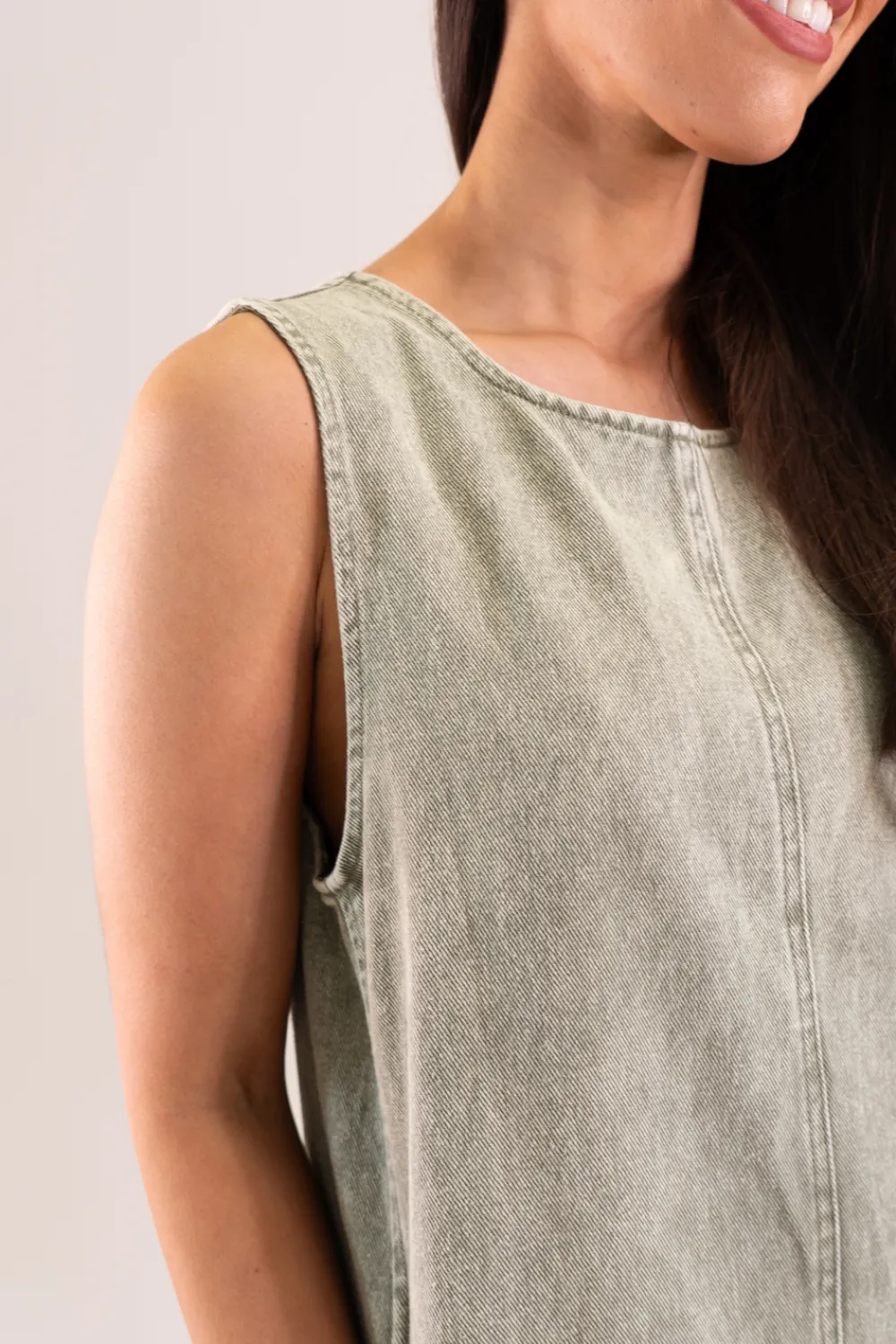 The Walk in Wardrobe Mini Dresses>Kiera Denim Shift Dress In Khaki