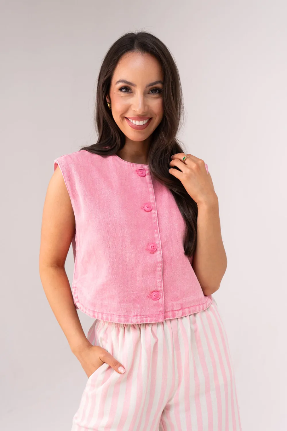 The Walk in Wardrobe Tops>Kiera Denim Waistcoat In Light Wash