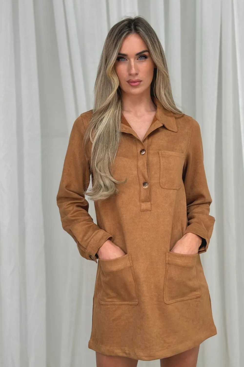 The Walk in Wardrobe Mini Dresses>Kiera Faux Suede Dress In Camel