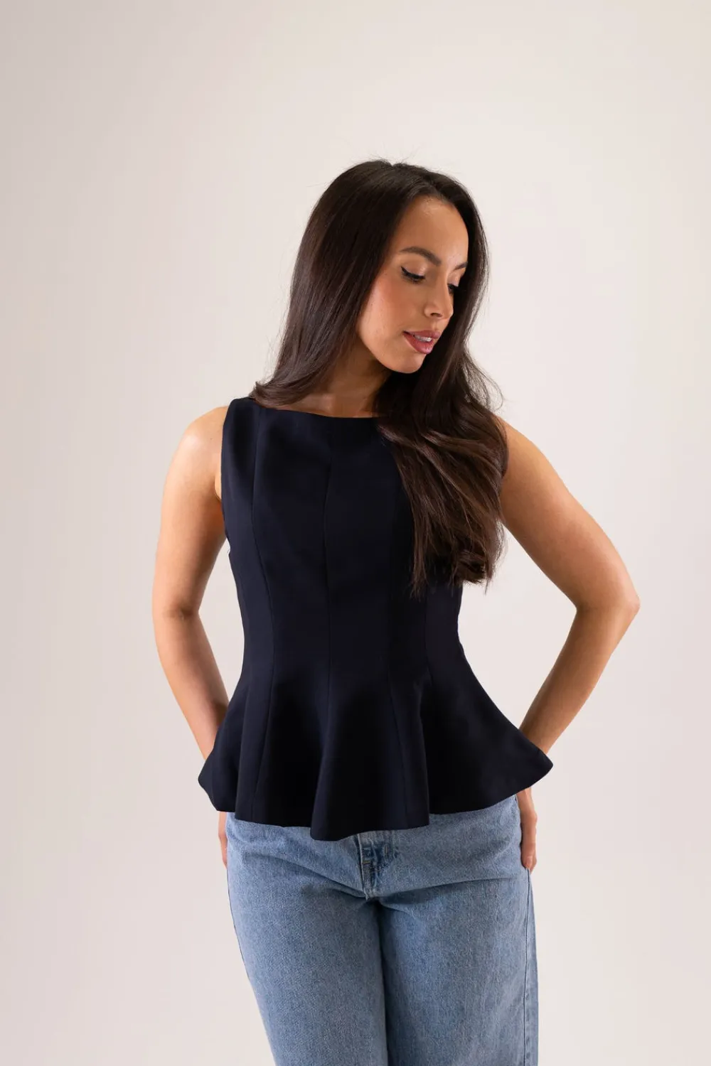 The Walk in Wardrobe Tops>Kiera Peplum Top In Navy