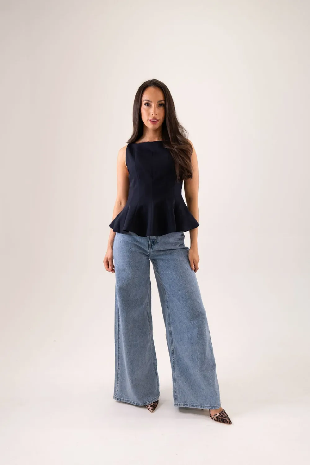 The Walk in Wardrobe Tops>Kiera Peplum Top In Navy