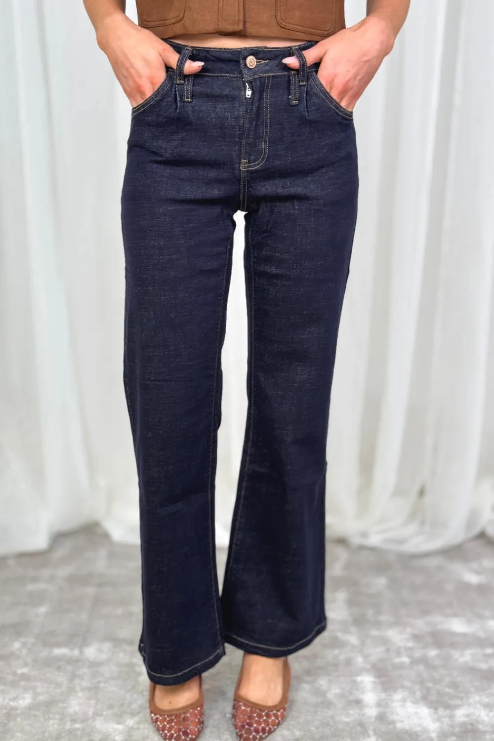 The Walk in Wardrobe Wide Leg Jeans>Kitty Pleat Front Wide Leg Jeans In Dark Wash