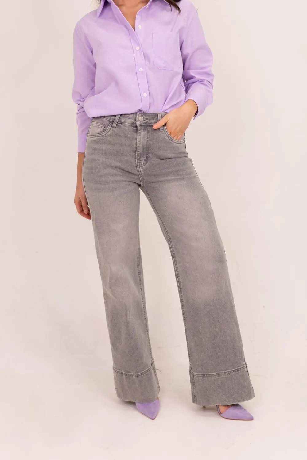 The Walk in Wardrobe Wide Leg Jeans>Kitty Wide Hem Jeans In Grey