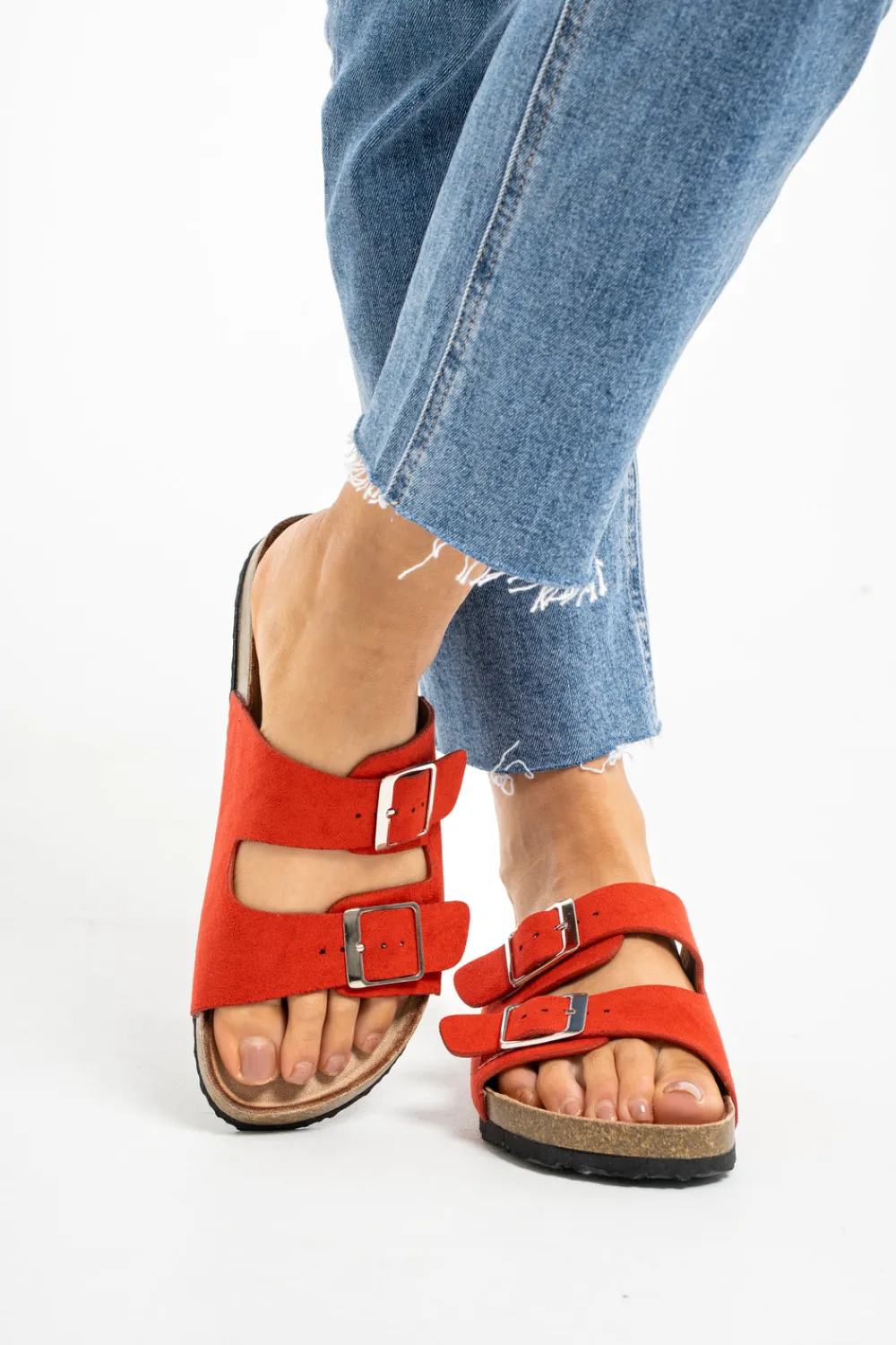 The Walk in Wardrobe Flats>Lauren Double Strap Sliders In Red