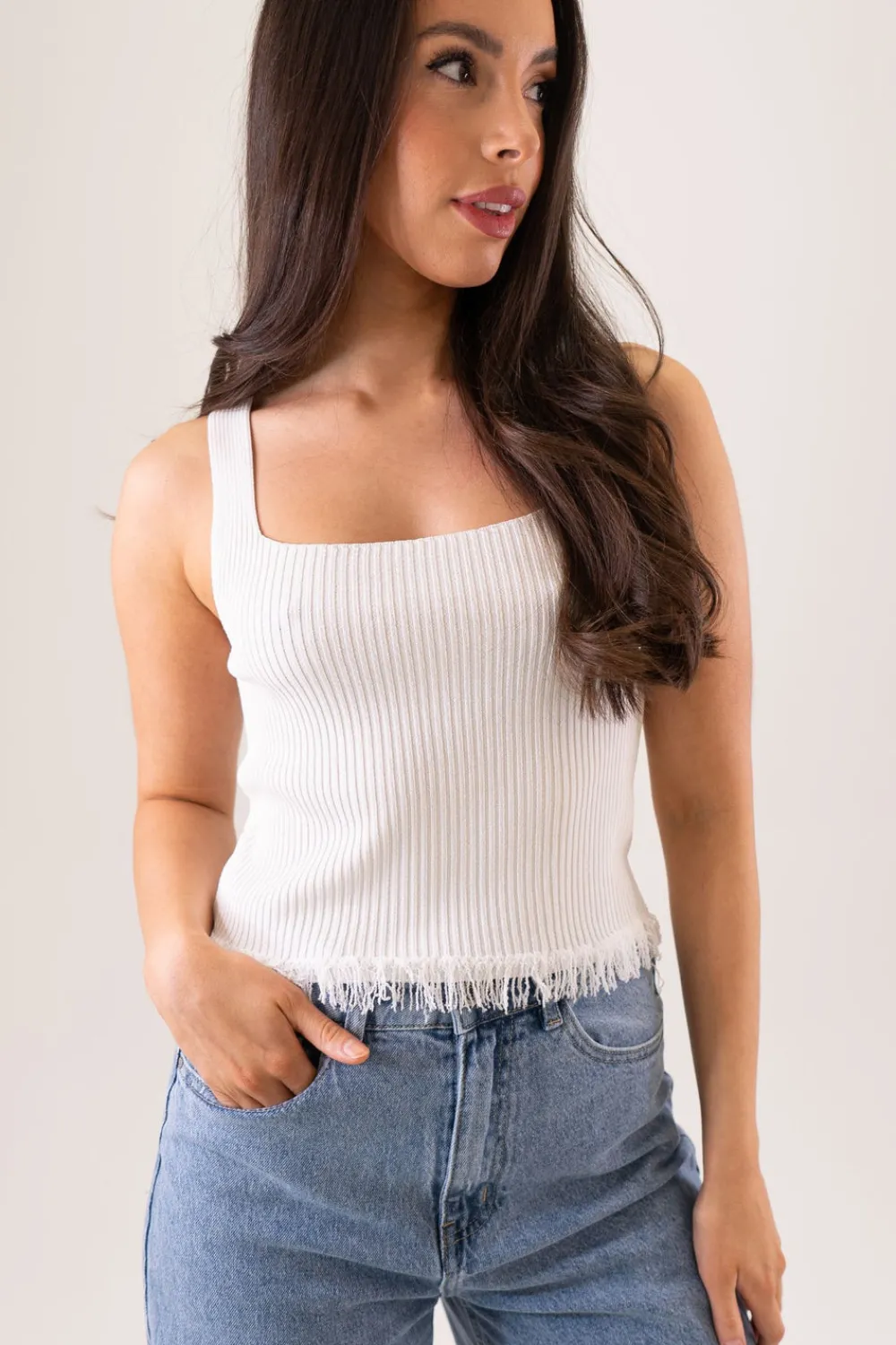 The Walk in Wardrobe Tops>Leah Fringed Vest Top In White
