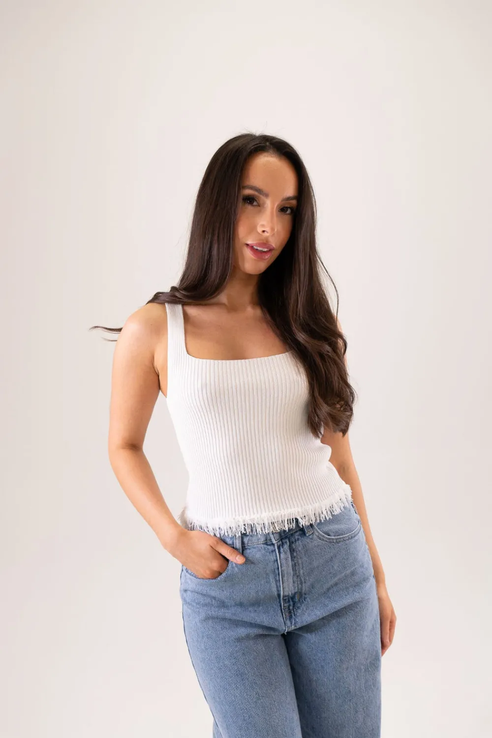 The Walk in Wardrobe Tops>Leah Fringed Vest Top In White