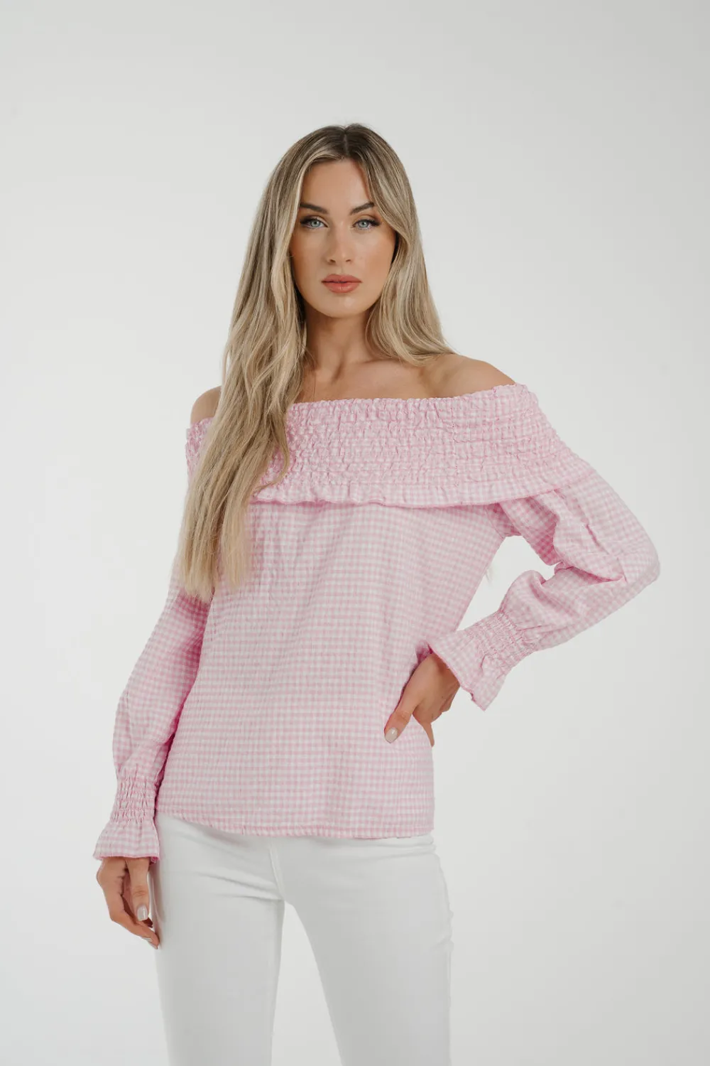 The Walk in Wardrobe Tops>Leona Gingham Bardot Top In Pink