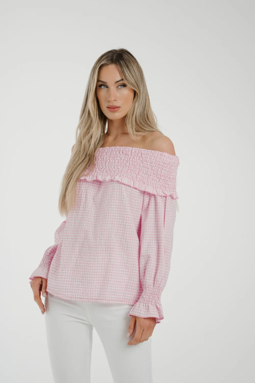 The Walk in Wardrobe Tops>Leona Gingham Bardot Top In Pink