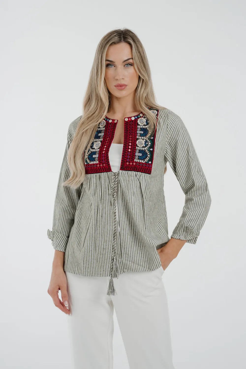 The Walk in Wardrobe Tops>Lila Embroidered Smock Top In Green