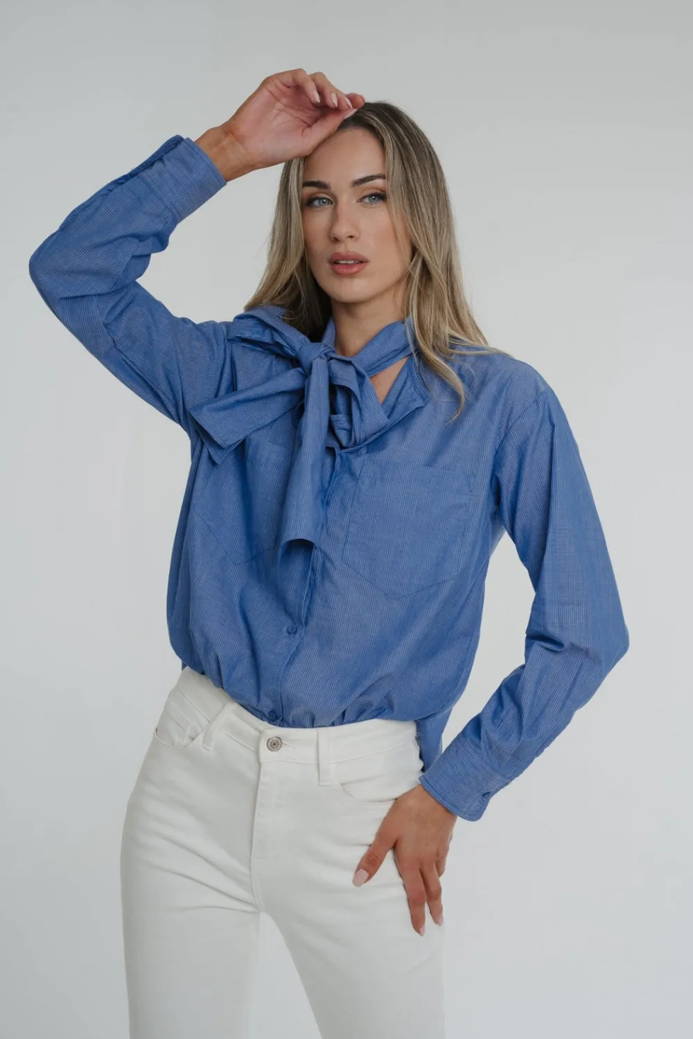 The Walk in Wardrobe Shirts>Lily Bow Neck Blouse In Blue