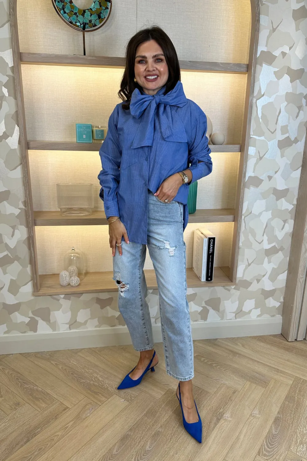 The Walk in Wardrobe Shirts>Lily Bow Neck Blouse In Blue