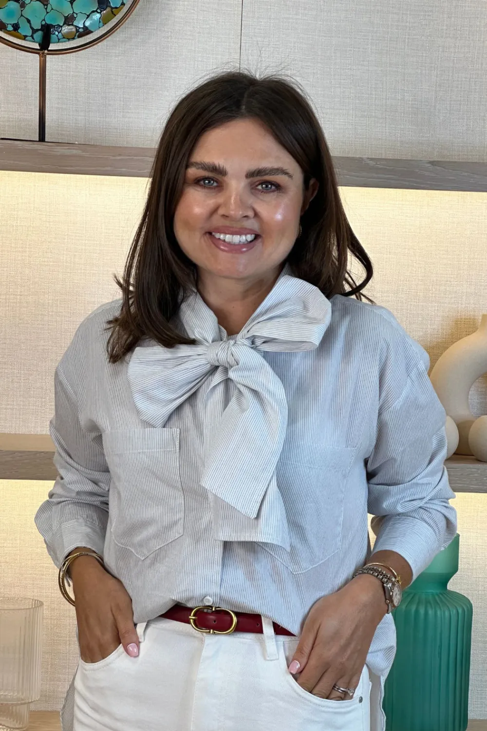 The Walk in Wardrobe Shirts>Lily Bow Neck Blouse In White