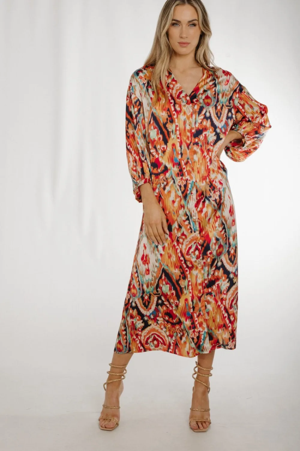 The Walk in Wardrobe Midi Dresses>Lottie Printed V-Neck Midi Dress In Orange Mix