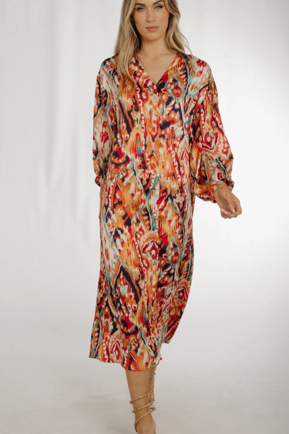 The Walk in Wardrobe Midi Dresses>Lottie Printed V-Neck Midi Dress In Orange Mix