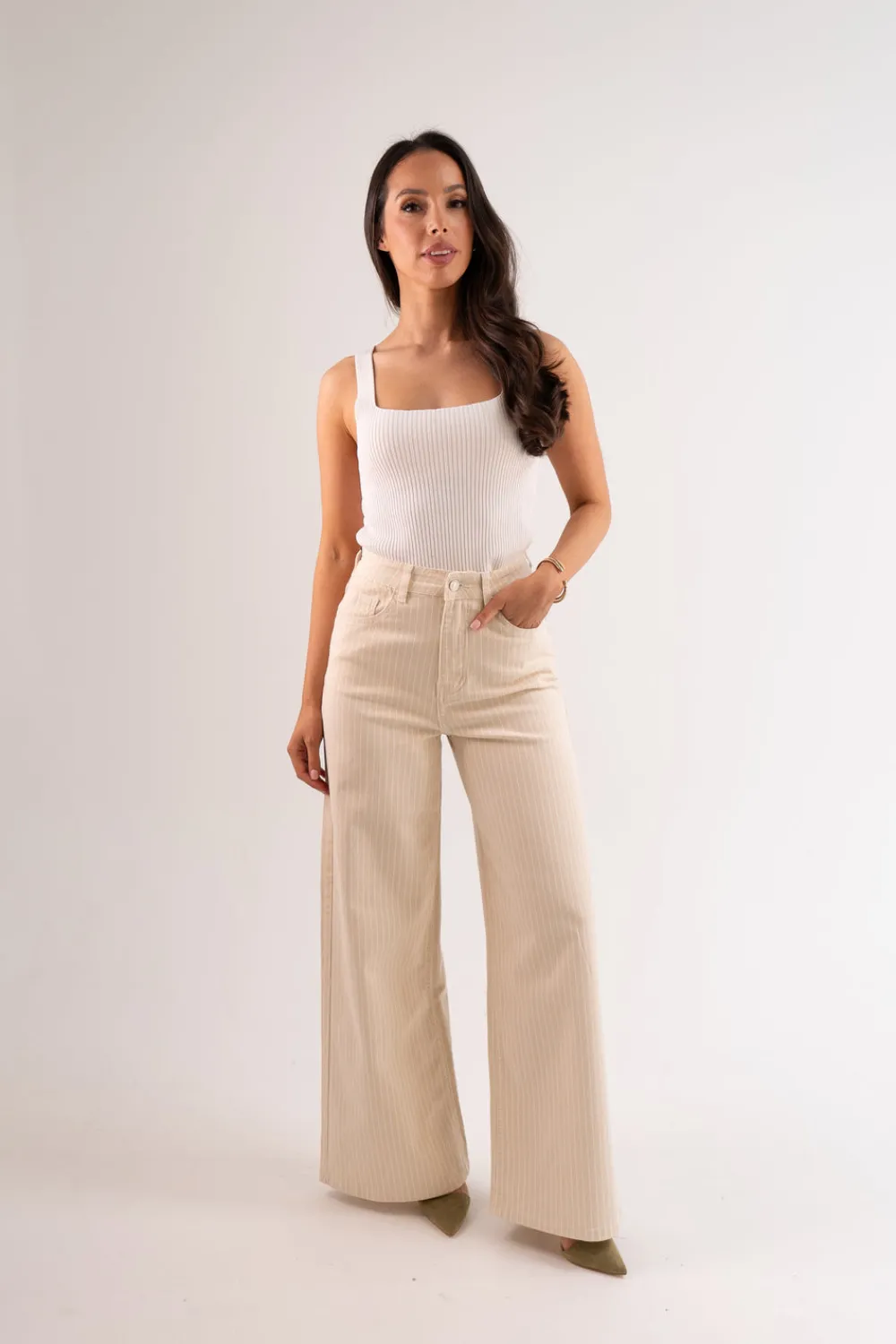 The Walk in Wardrobe Wide Leg Jeans>Love Laura Pinstripe Jeans In Neutral