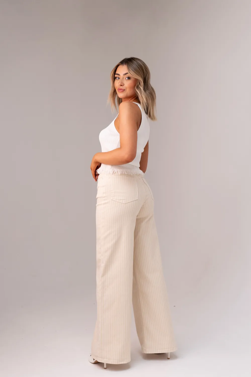 The Walk in Wardrobe Wide Leg Jeans>Love Laura Pinstripe Jeans In Neutral