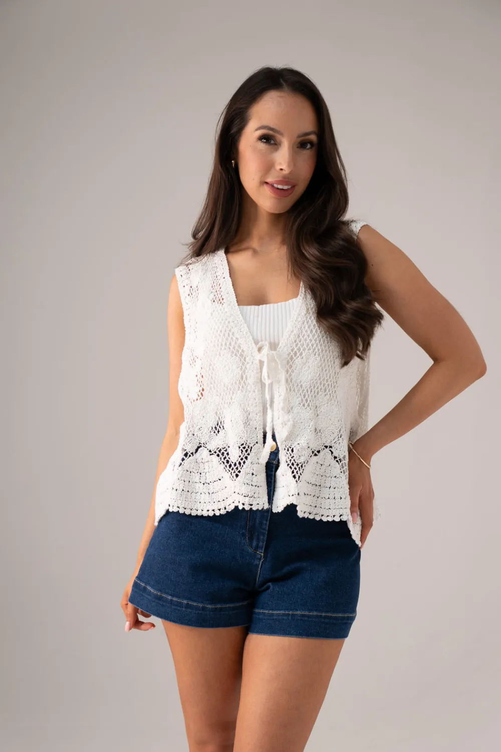 The Walk in Wardrobe Tops>Maddie Crochet Waistcoat In White