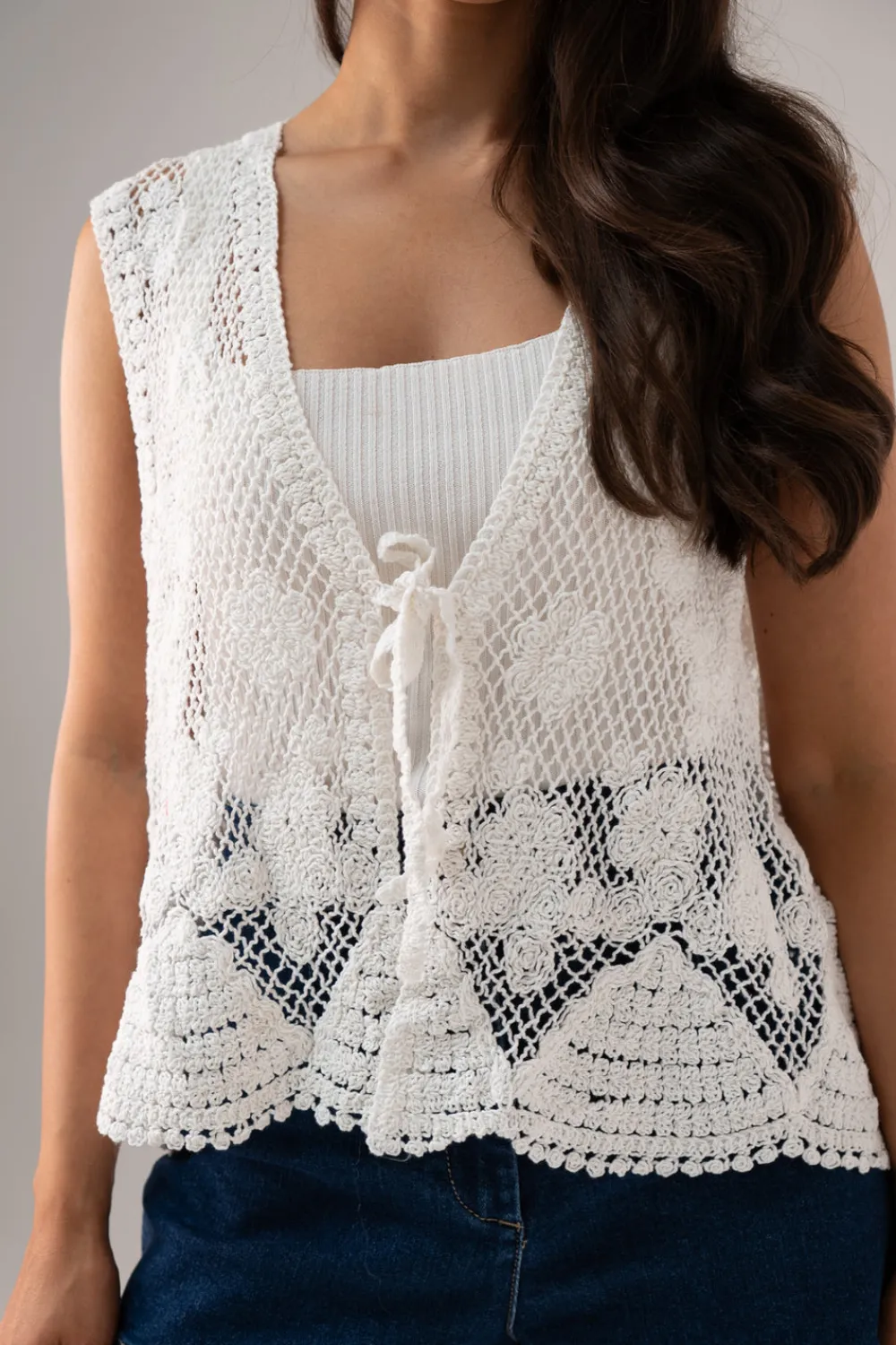 The Walk in Wardrobe Tops>Maddie Crochet Waistcoat In White