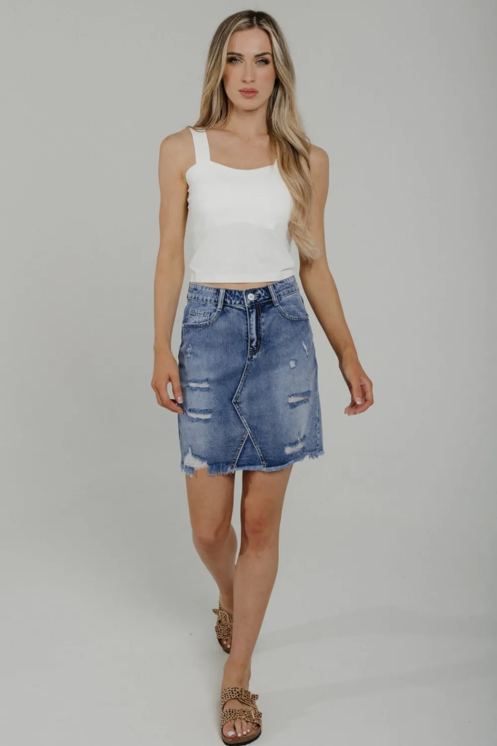 The Walk in Wardrobe Skirts & Skorts>Maddie Distressed Denim Skirt In Mid Wash