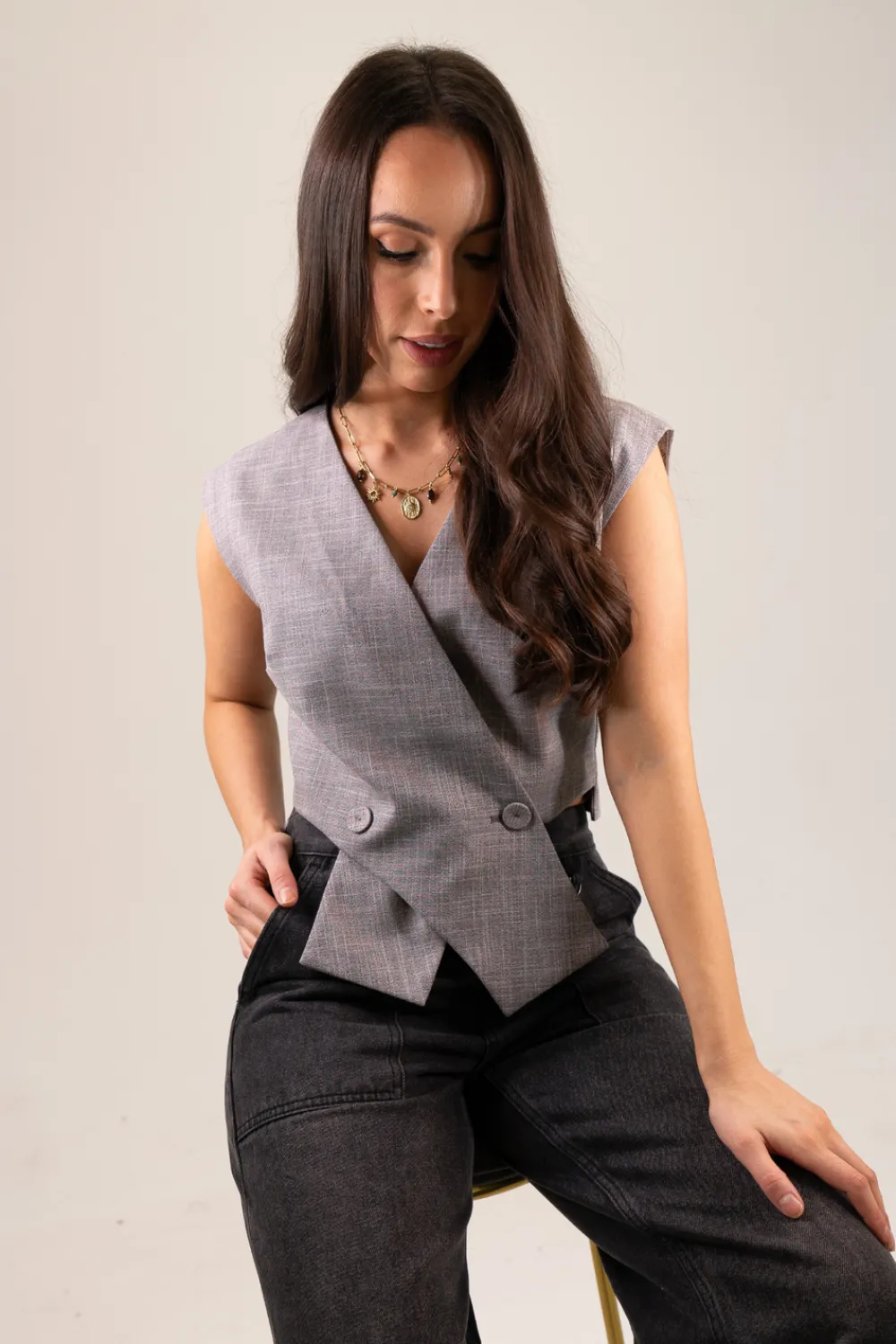 The Walk in Wardrobe Tops>Maria Crossover Waistcoat In Grey