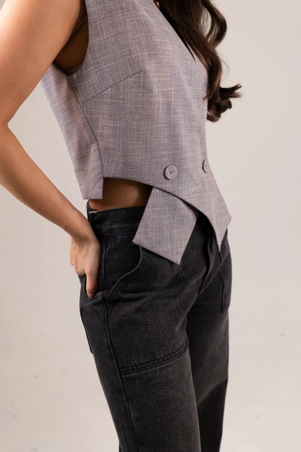 The Walk in Wardrobe Tops>Maria Crossover Waistcoat In Grey