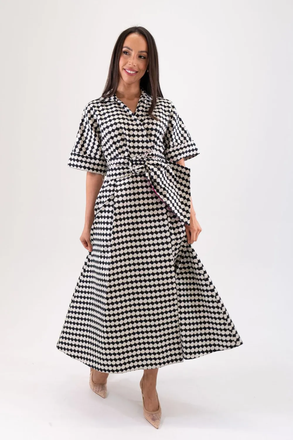 The Walk in Wardrobe Midi Dresses>Marissa Belted Print Dress In Monochrome