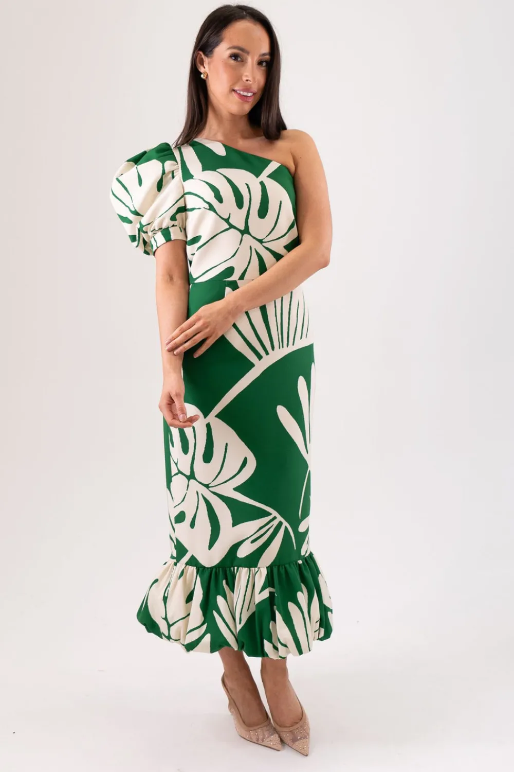 The Walk in Wardrobe Midi Dresses>Marissa Printed One Shoulder Dress In Green
