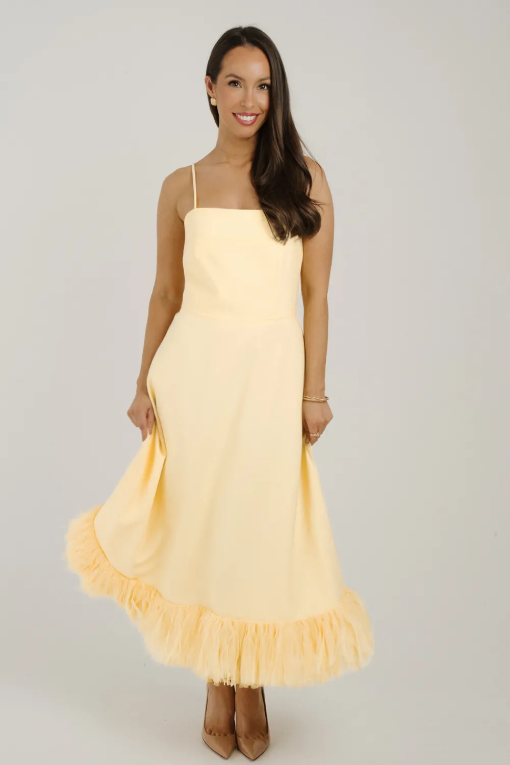 The Walk in Wardrobe Midi Dresses>Marissa Tulle Hem Dress In Lemon