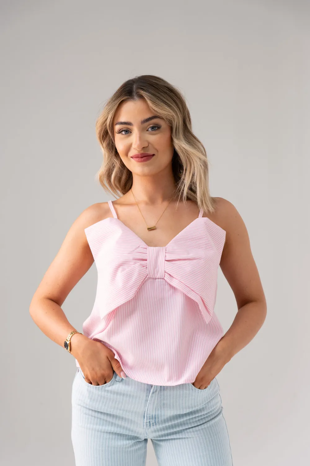 The Walk in Wardrobe Tops>Millie Bow Front Pinstripe Cami In Pink