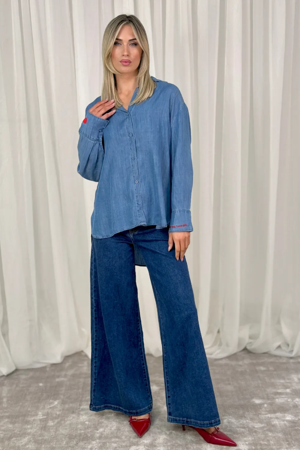 The Walk in Wardrobe Shirts>Millie Cuff Detail Shirt In Denim Blue