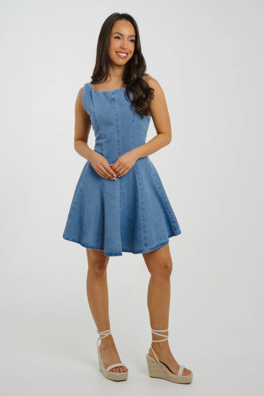 The Walk in Wardrobe Mini Dresses>Millie Denim Mini Dress In Mid Wash